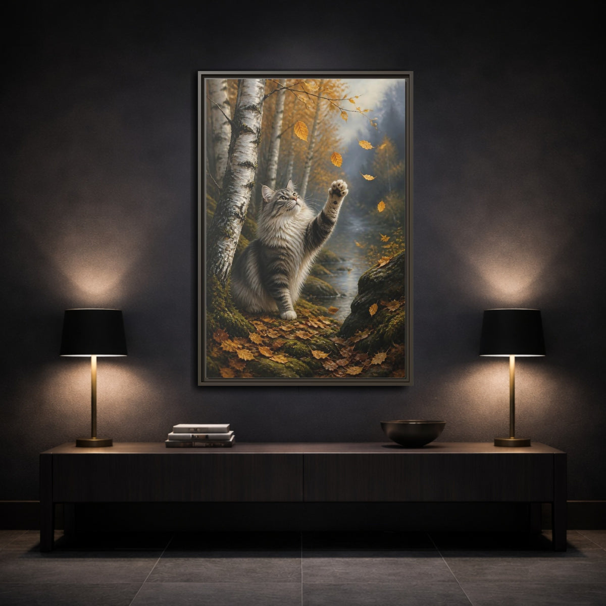 Mockup 3. Tabby Cat In Autumn shown as framed canvas print