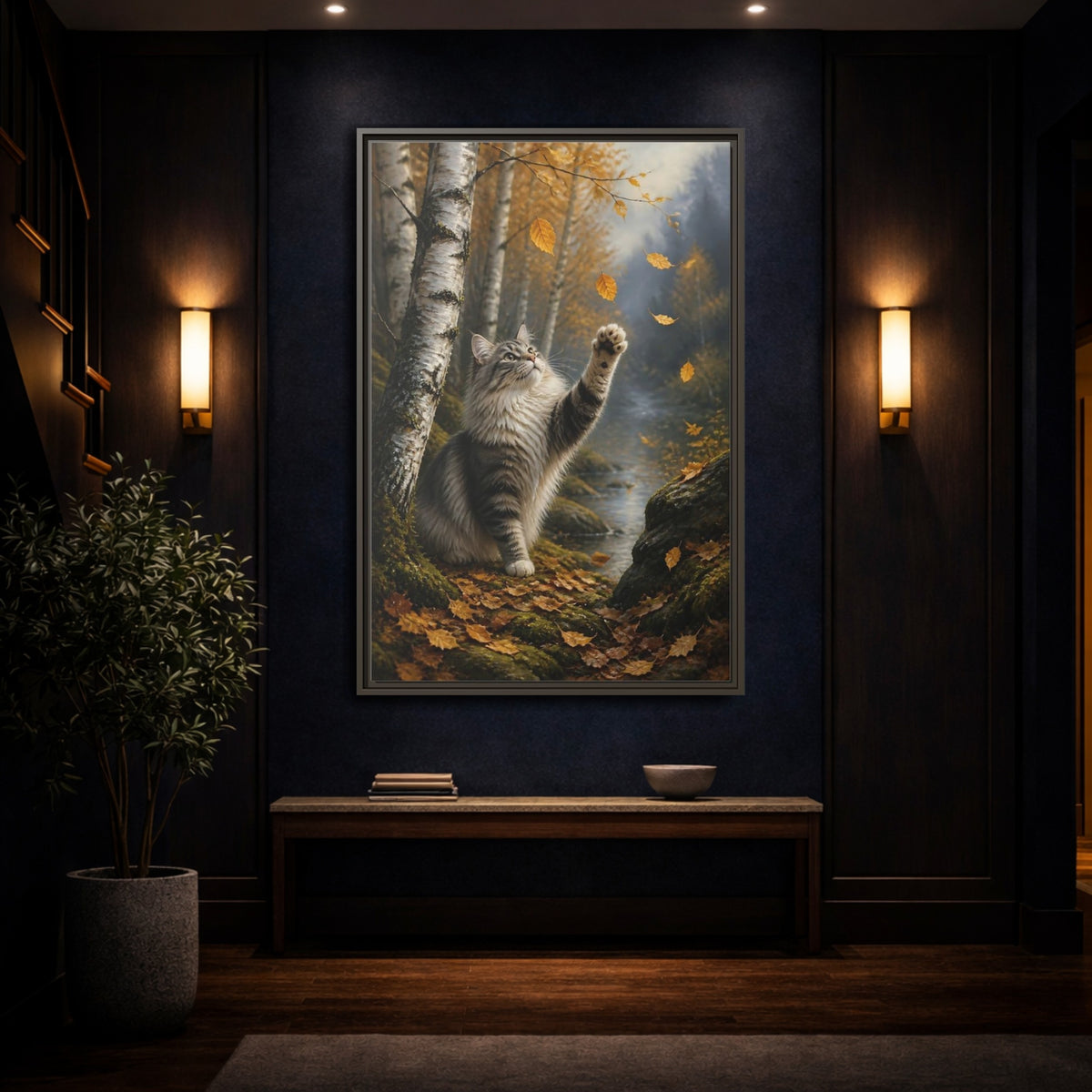 Mockup 4. Tabby Cat In Autumn shown as framed canvas print