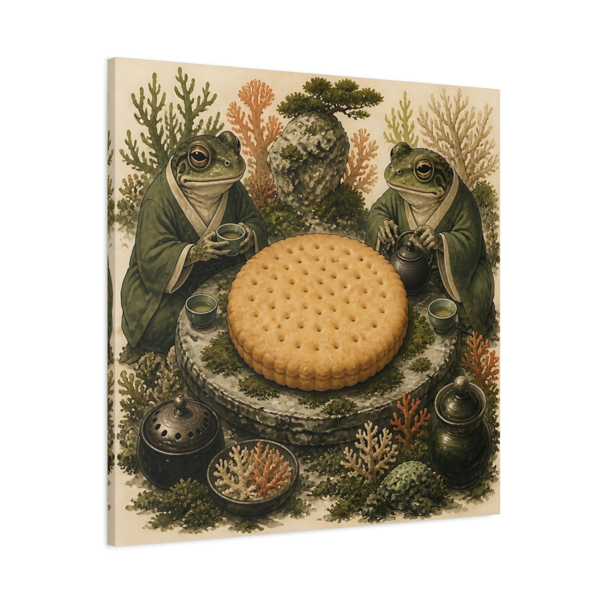 Main Mockup. Tea Time Frogs With Biscuit shown as canvas print