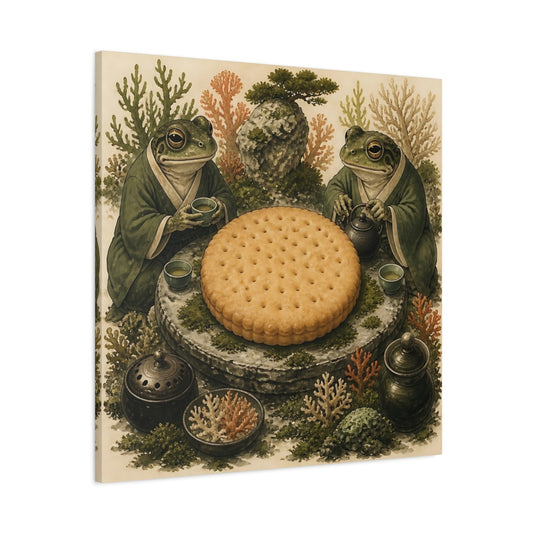 Main Mockup. Tea Time Frogs With Biscuit shown as canvas print