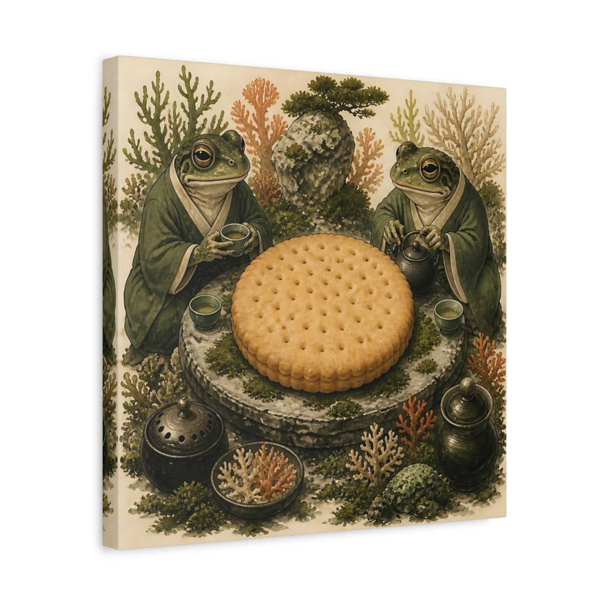 Side Mockup 6. Tea Time Frogs With Biscuit shown as canvas print