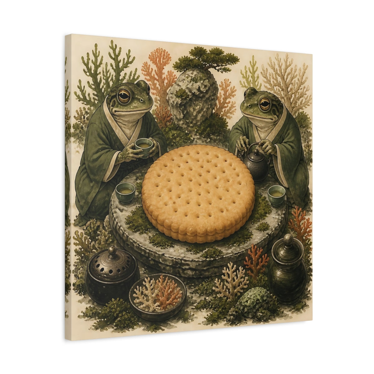 Side Mockup 4. Tea Time Frogs With Biscuit shown as canvas print
