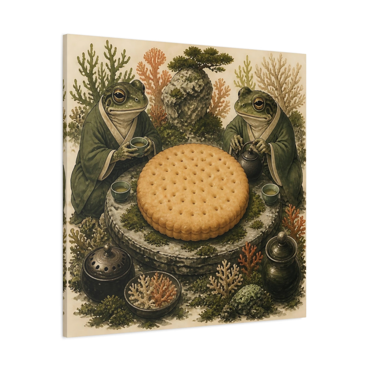 Side Mockup 1. Tea Time Frogs With Biscuit shown as canvas print