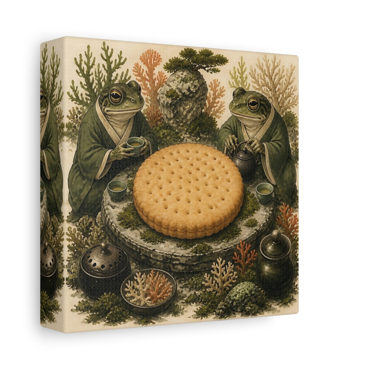 Side Mockup 2. Tea Time Frogs With Biscuit shown as canvas print