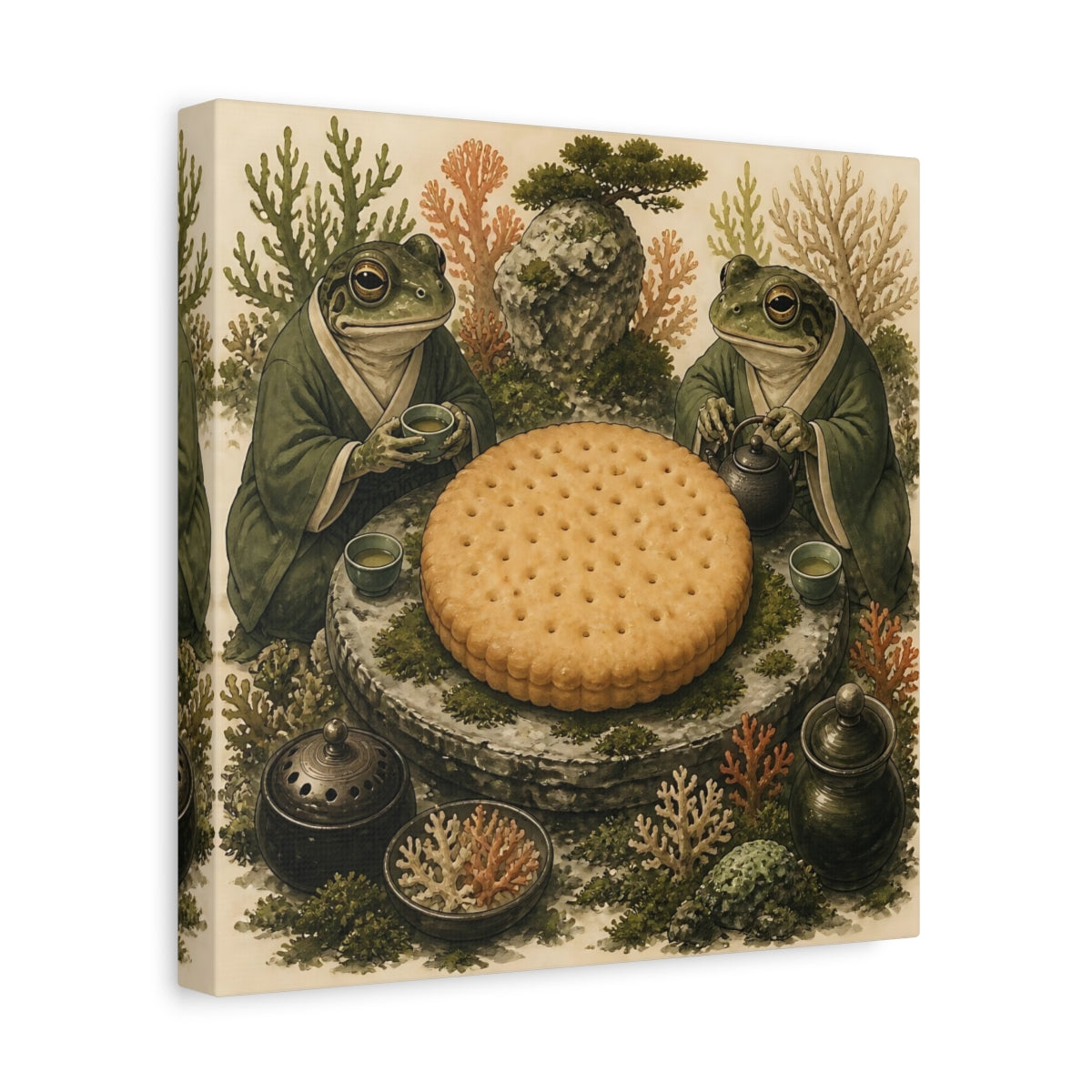 Side Mockup 8. Tea Time Frogs With Biscuit shown as canvas print