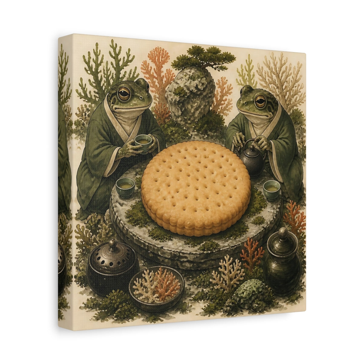 Side Mockup 9. Tea Time Frogs With Biscuit shown as canvas print