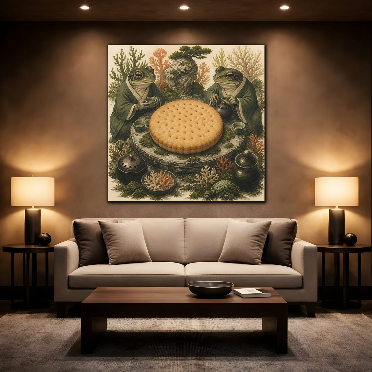 Mockup 2. Tea Time Frogs With Biscuit shown as canvas print