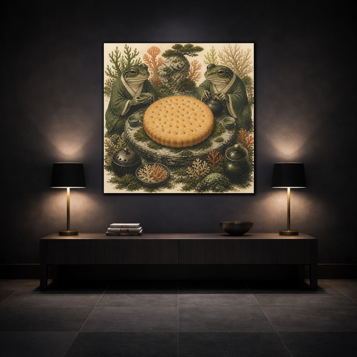 Mockup 3. Tea Time Frogs With Biscuit shown as canvas print