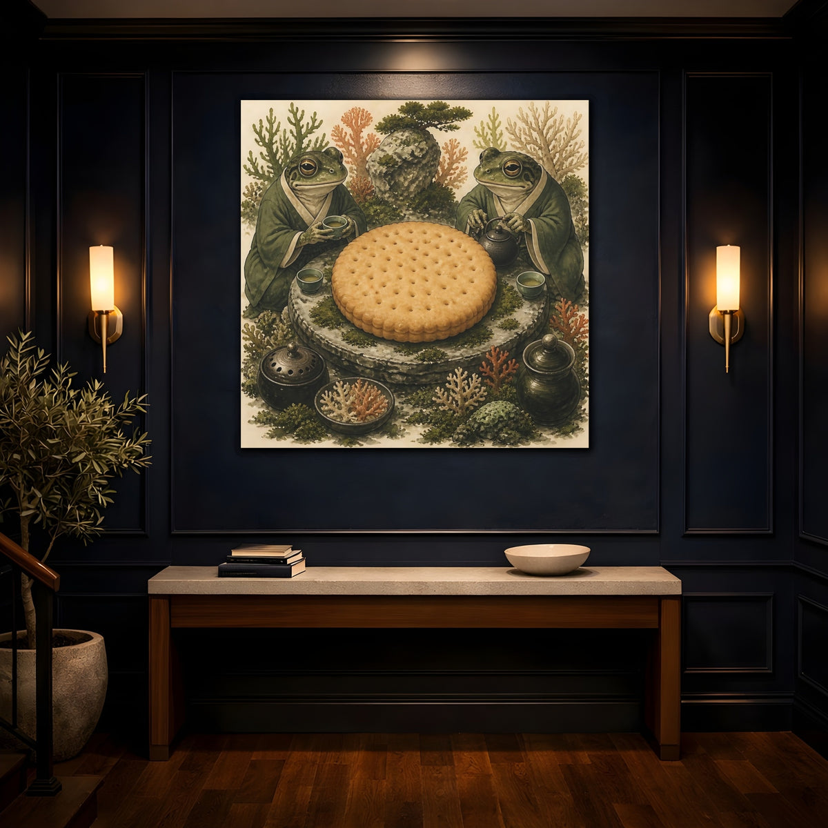 Mockup 4. Tea Time Frogs With Biscuit shown as canvas print