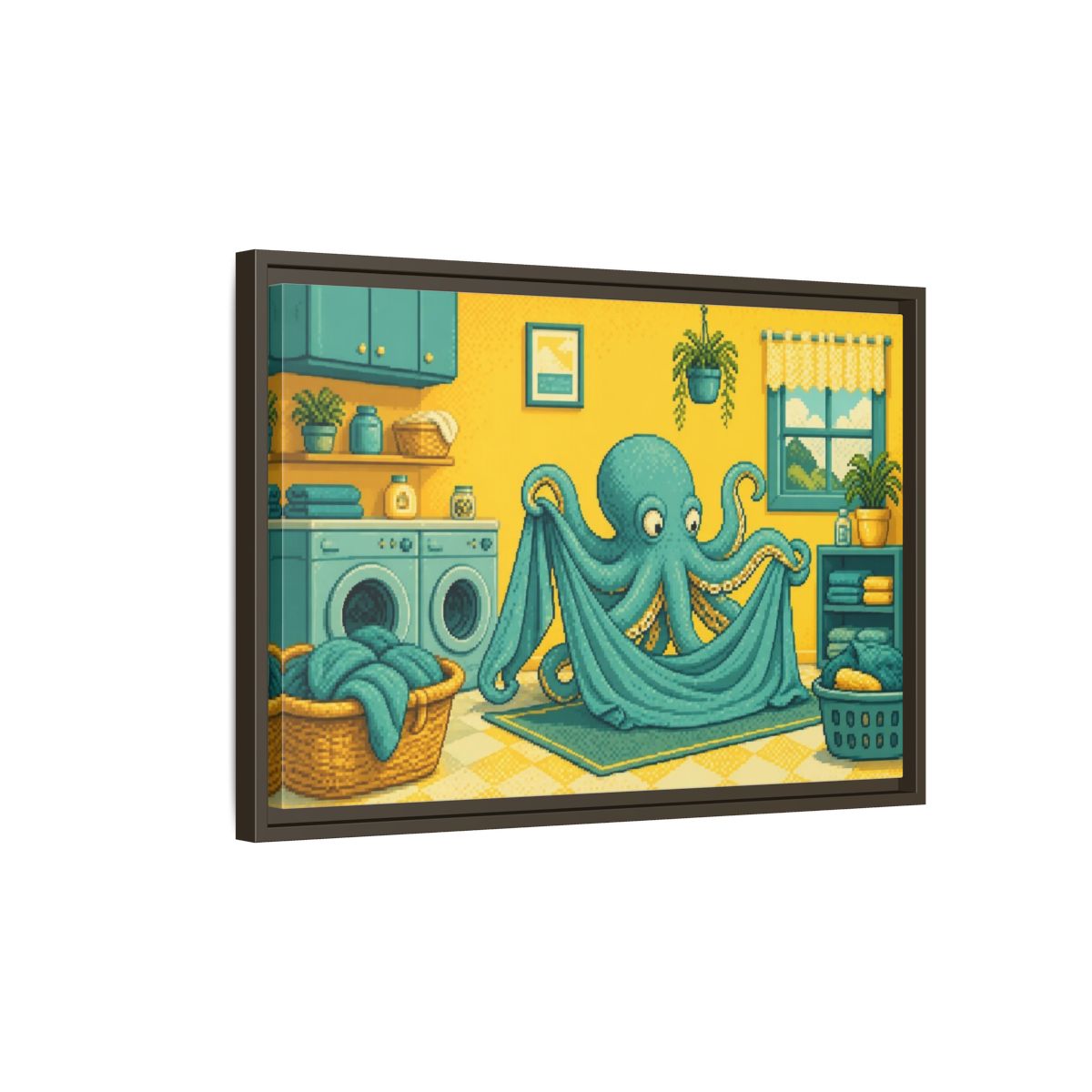 Side Mockup 2. Teal Octopus Folding Laundry shown as framed canvas print