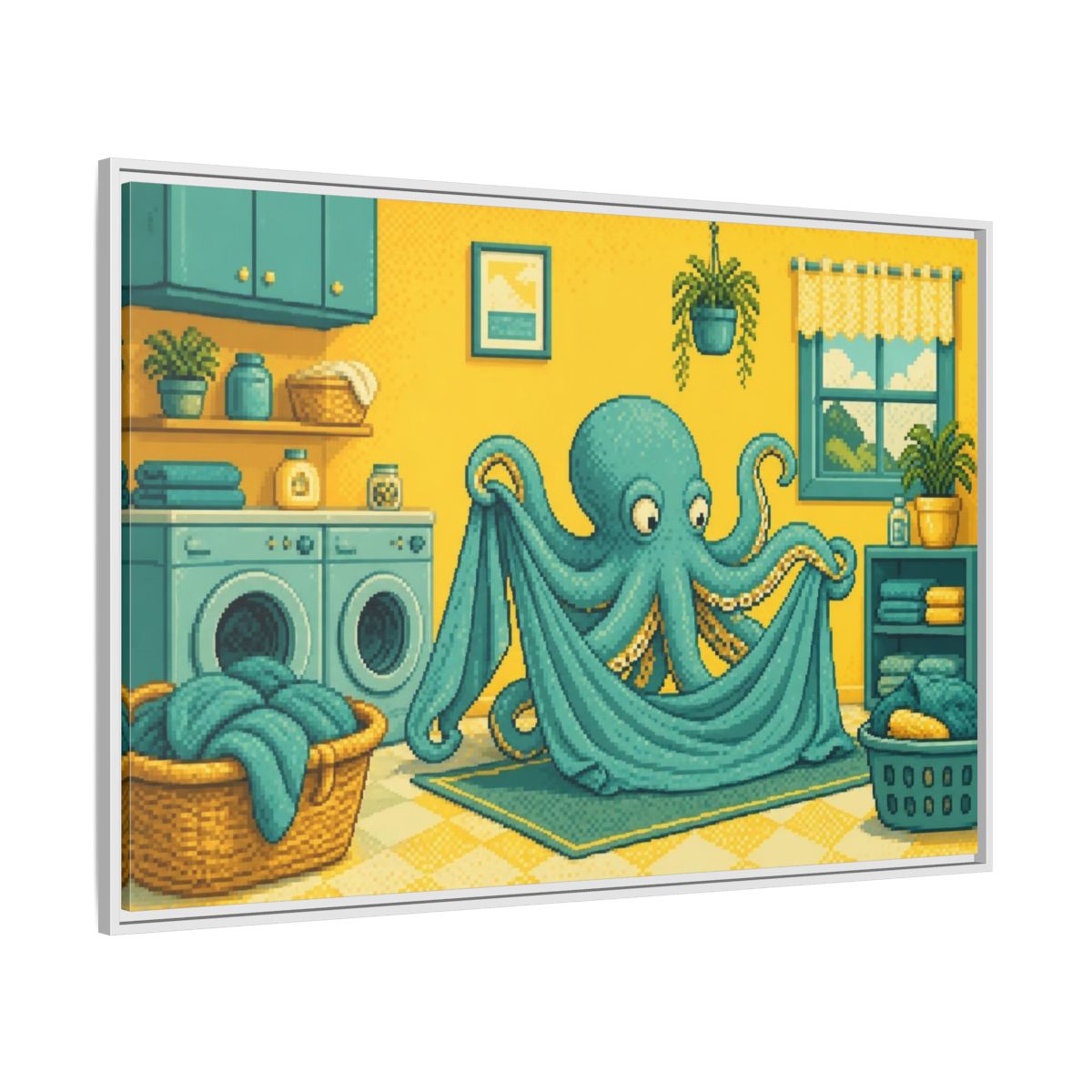 Side Mockup 7. Teal Octopus Folding Laundry shown as framed canvas print