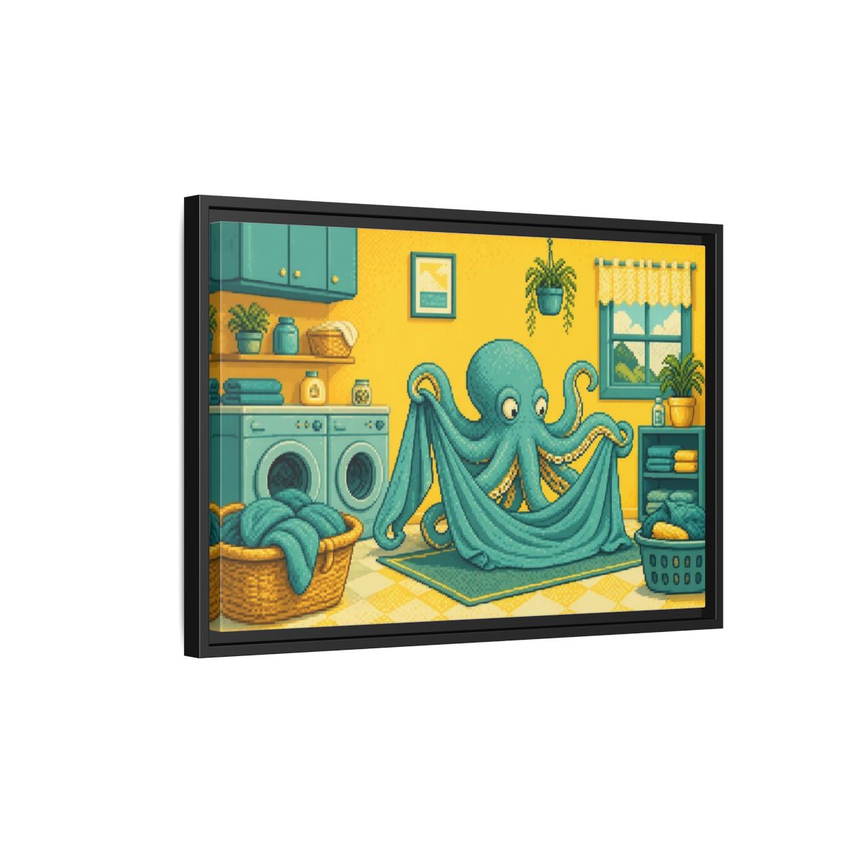 Side Mockup 3. Teal Octopus Folding Laundry shown as framed canvas print