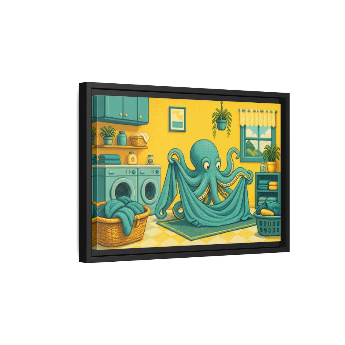 Side Mockup 6. Teal Octopus Folding Laundry shown as framed canvas print