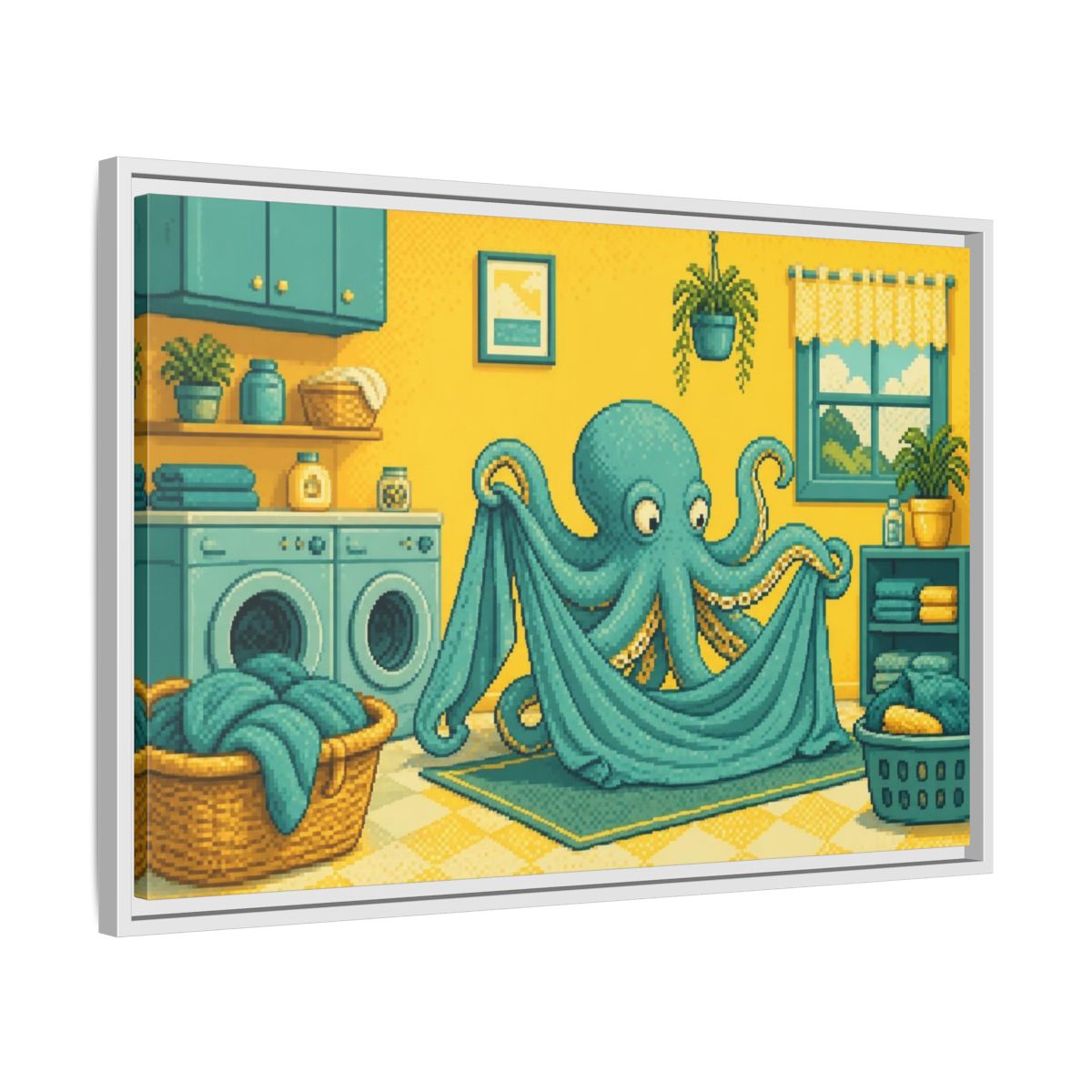 Side Mockup 10. Teal Octopus Folding Laundry shown as framed canvas print