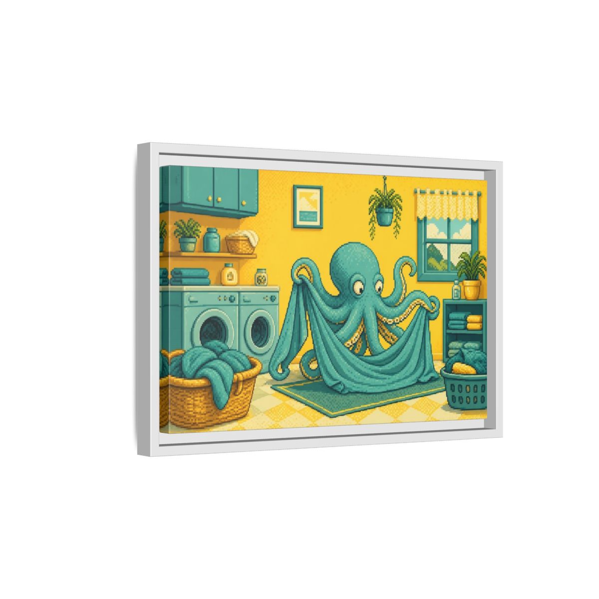 Side Mockup 4. Teal Octopus Folding Laundry shown as framed canvas print