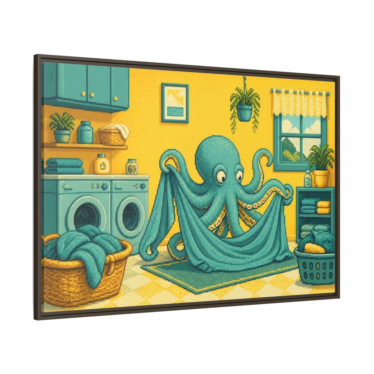 Side Mockup 8. Teal Octopus Folding Laundry shown as framed canvas print
