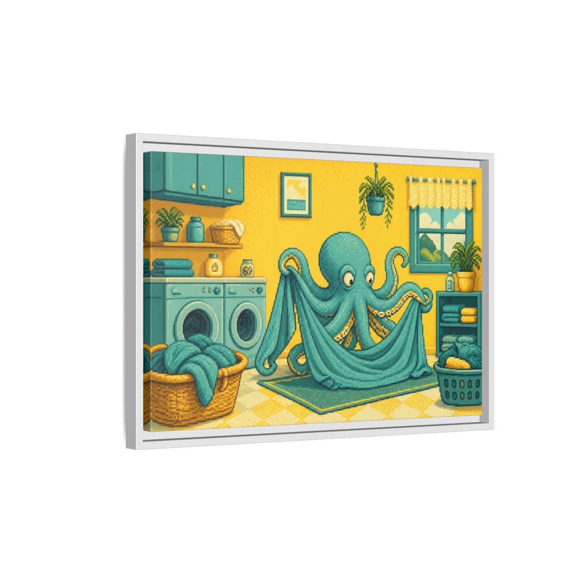Side Mockup 1. Teal Octopus Folding Laundry shown as framed canvas print