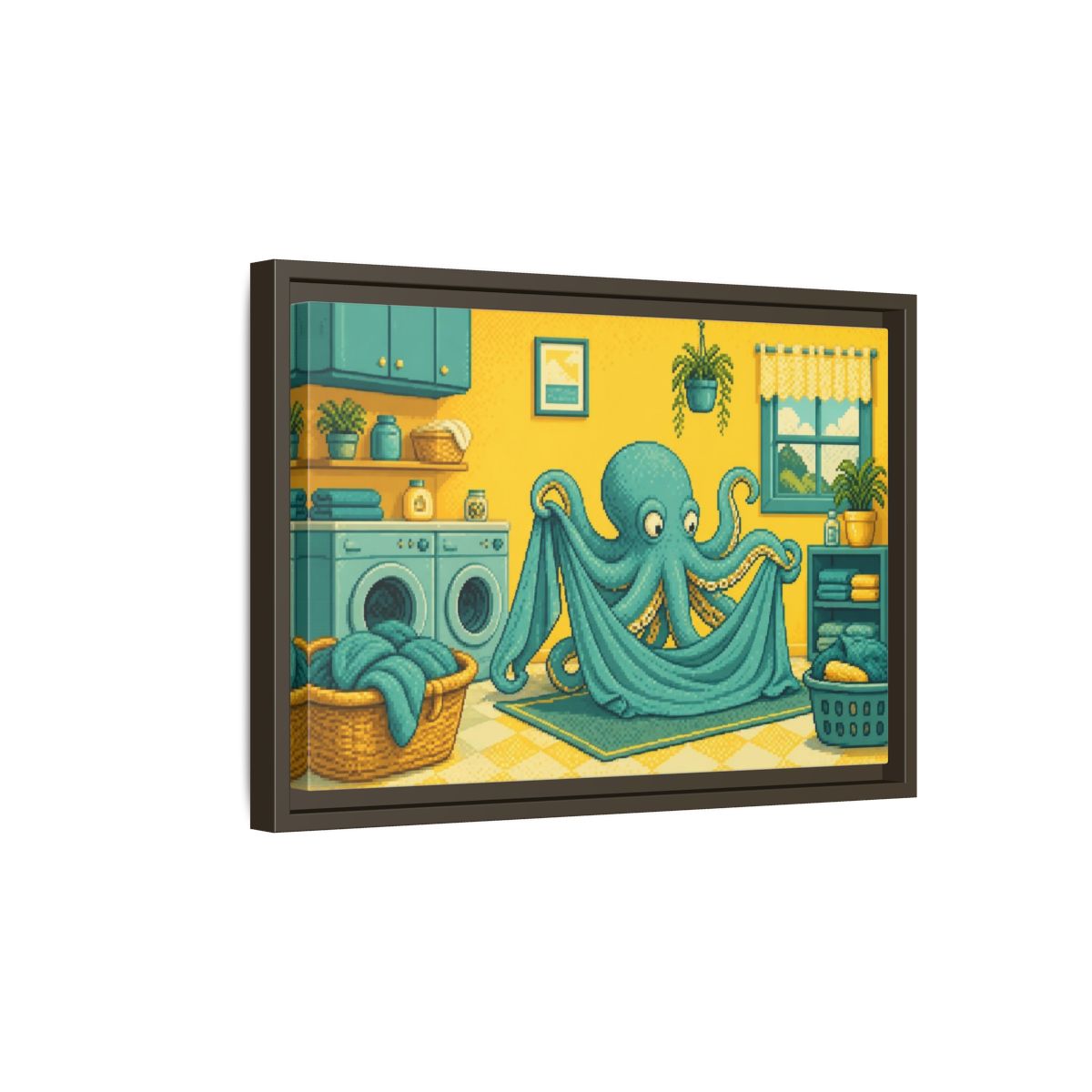Side Mockup 5. Teal Octopus Folding Laundry shown as framed canvas print