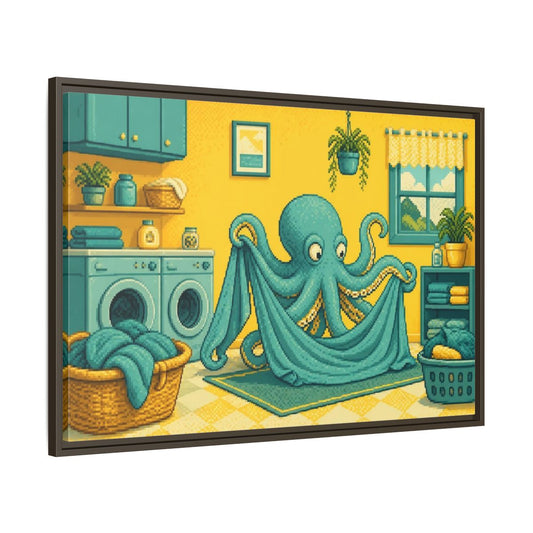 Main Mockup. Teal Octopus Folding Laundry shown as framed canvas print