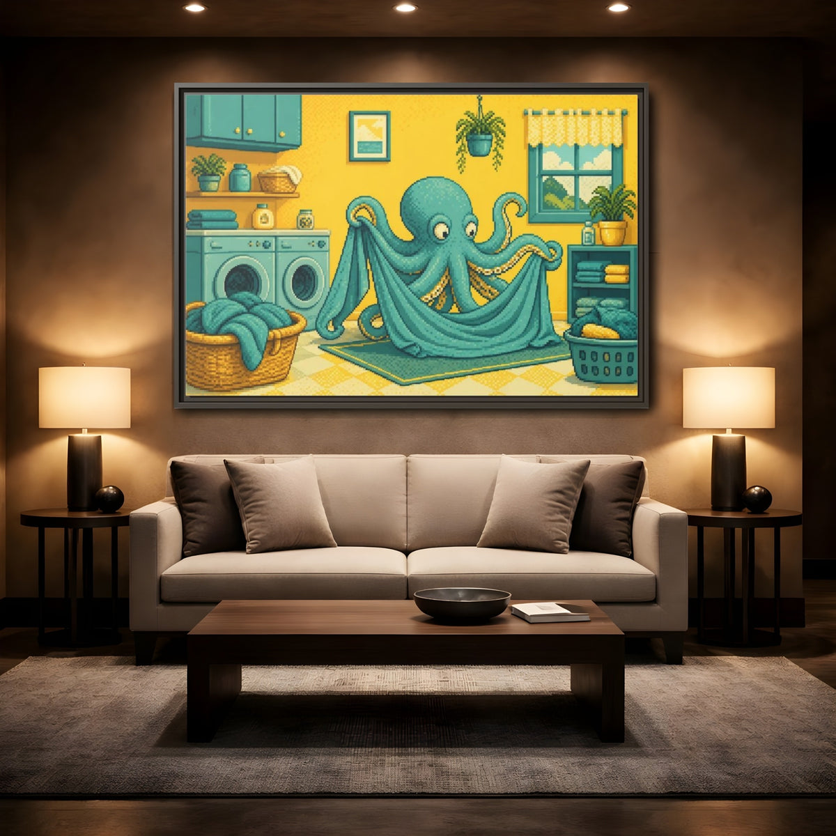 Mockup 2. Teal Octopus Folding Laundry shown as framed canvas print
