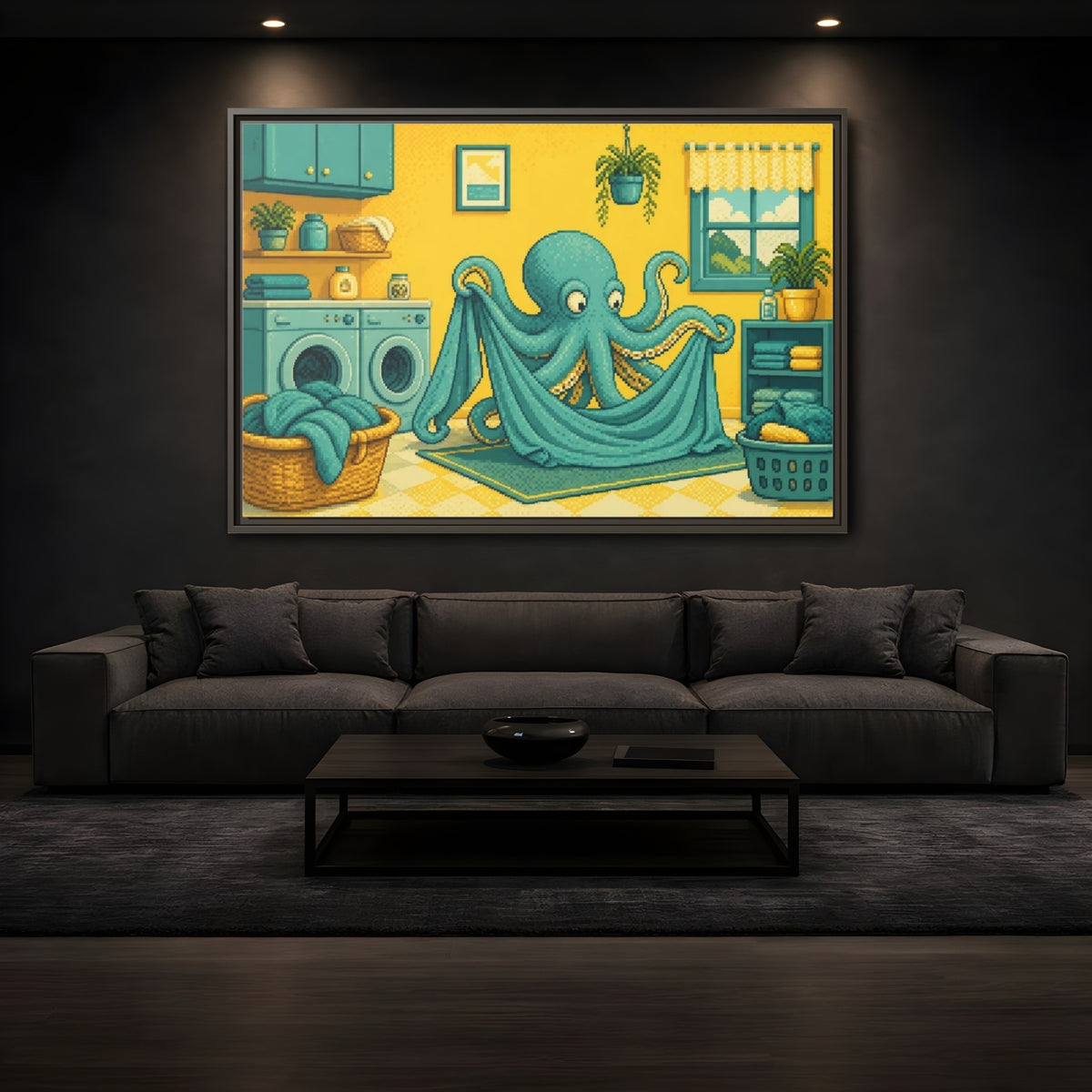 Mockup 3. Teal Octopus Folding Laundry shown as framed canvas print