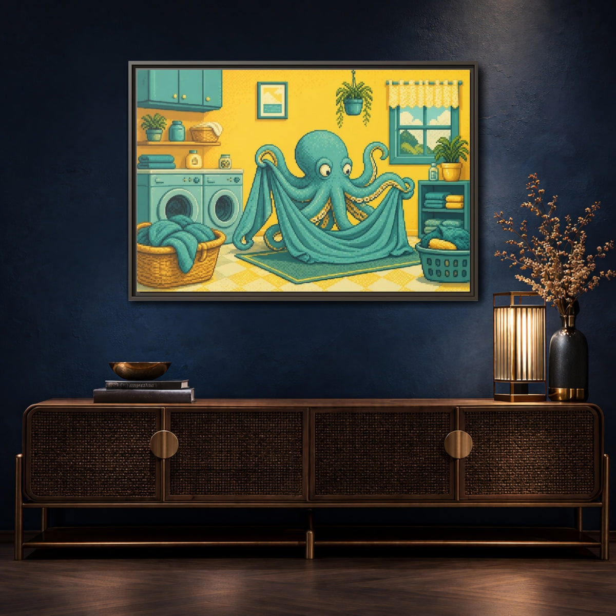 Mockup 4. Teal Octopus Folding Laundry shown as framed canvas print