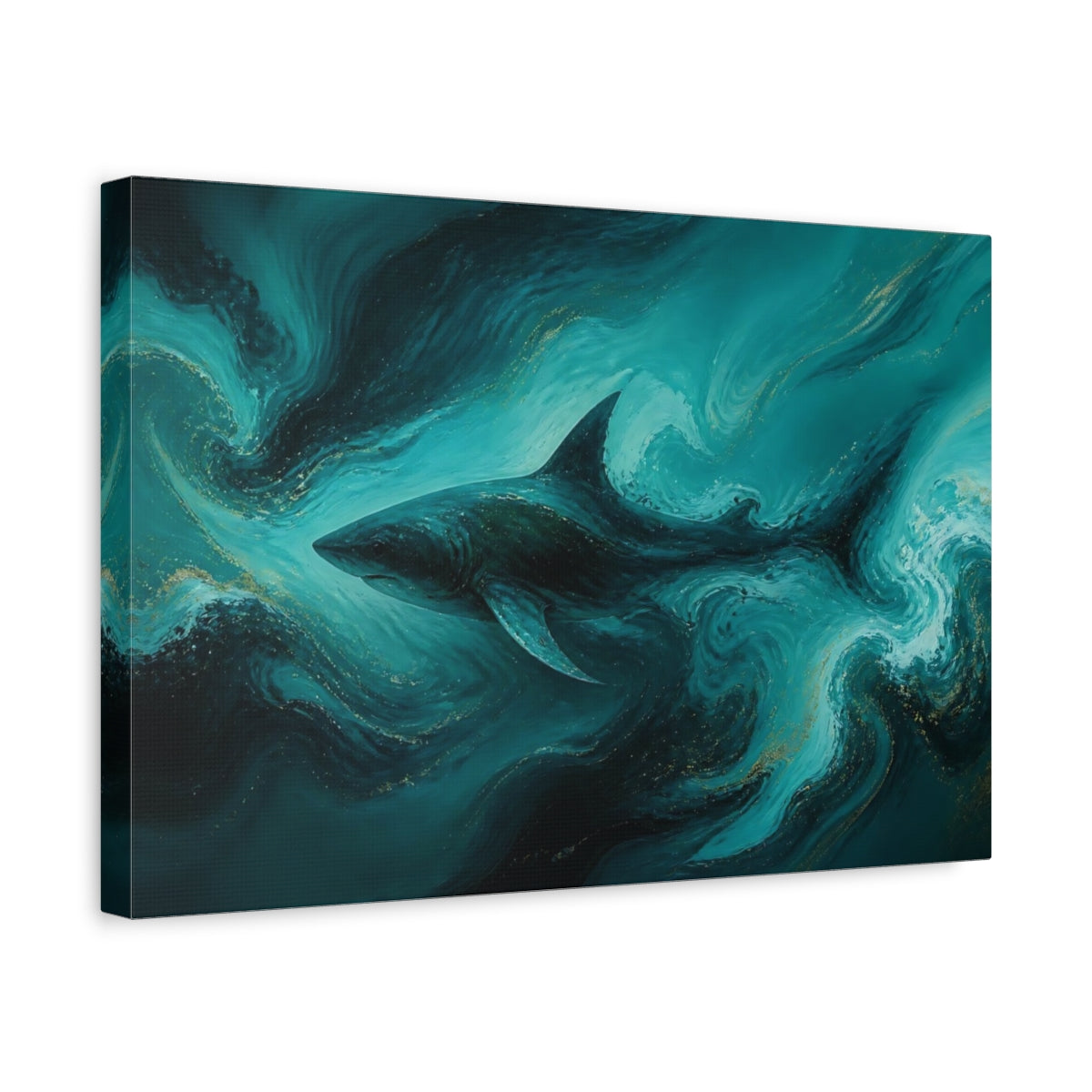 Side Mockup 4. Teal Shark In Swirls shown as canvas print