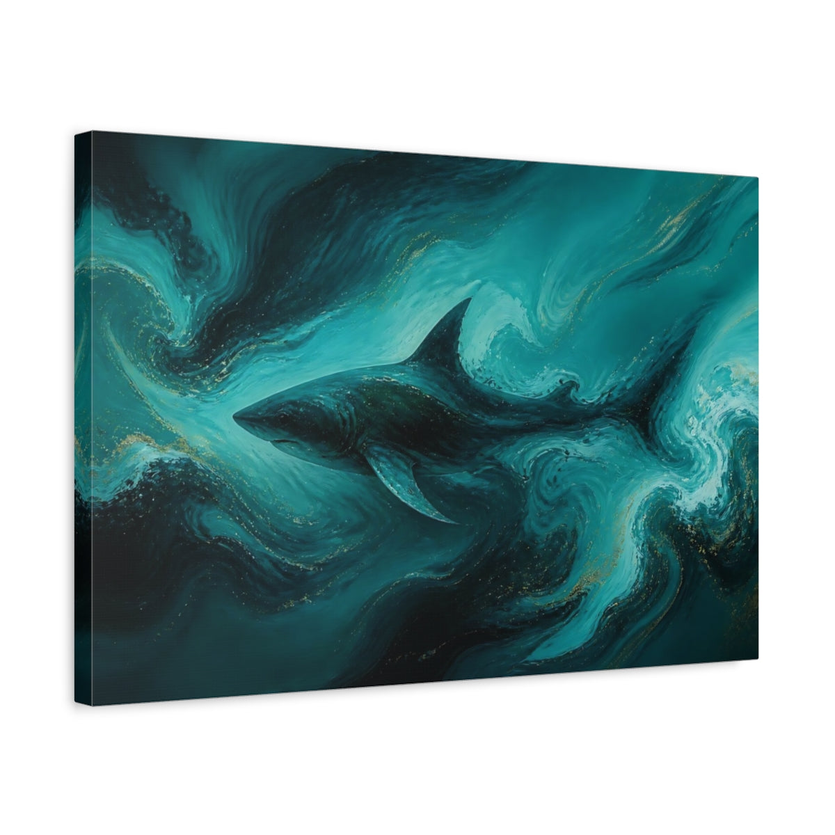Side Mockup 3. Teal Shark In Swirls shown as canvas print