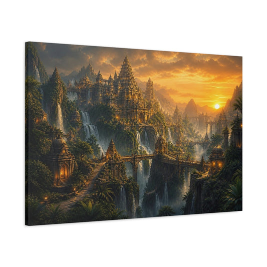 Main Mockup. Temple City Landscape Sunset shown as canvas print