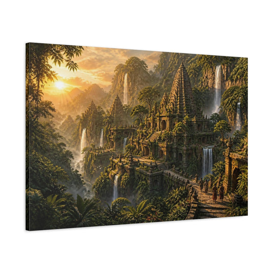 Main Mockup. Temple Landscape At Dawn shown as canvas print