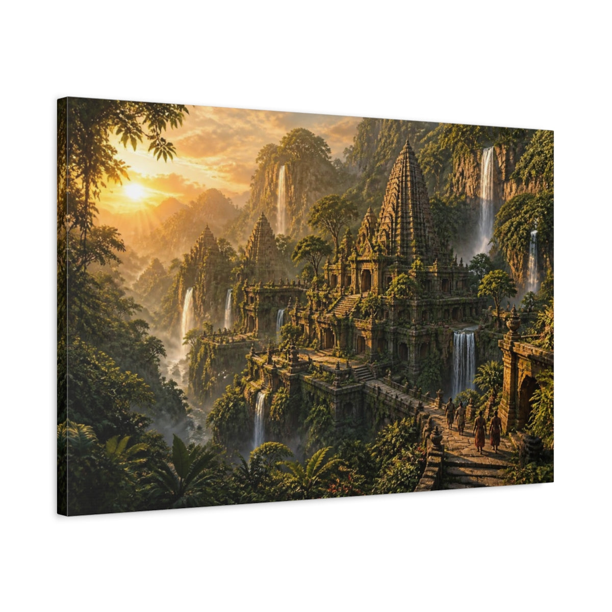 Side Mockup 2. Temple Landscape At Dawn shown as canvas print