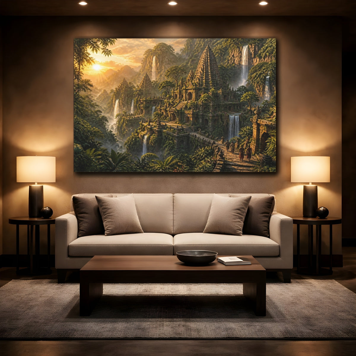 Mockup 2. Temple Landscape At Dawn shown as canvas print
