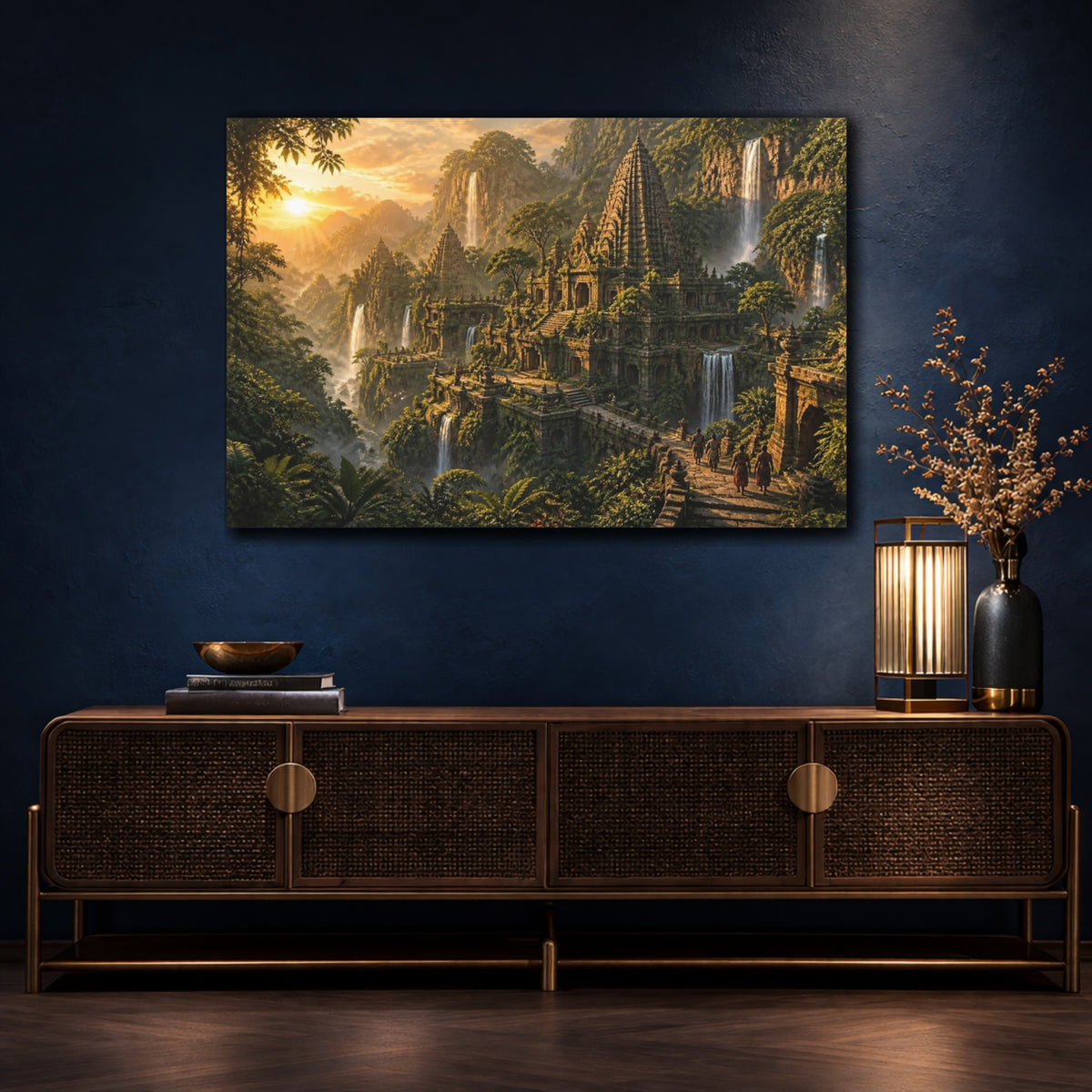 Mockup 4. Temple Landscape At Dawn shown as canvas print