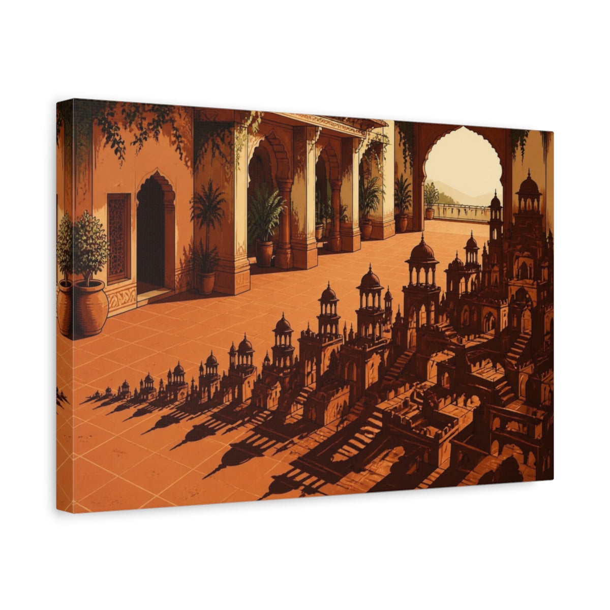 Side Mockup 4. Terracotta Courtyard Illusion shown as canvas print