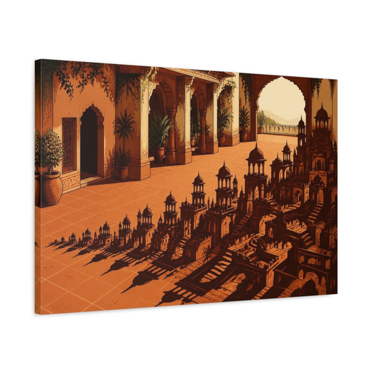 Side Mockup 2. Terracotta Courtyard Illusion shown as canvas print