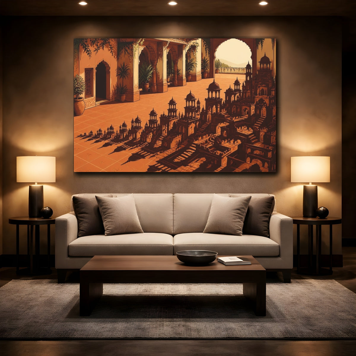 Mockup 2. Terracotta Courtyard Illusion shown as canvas print
