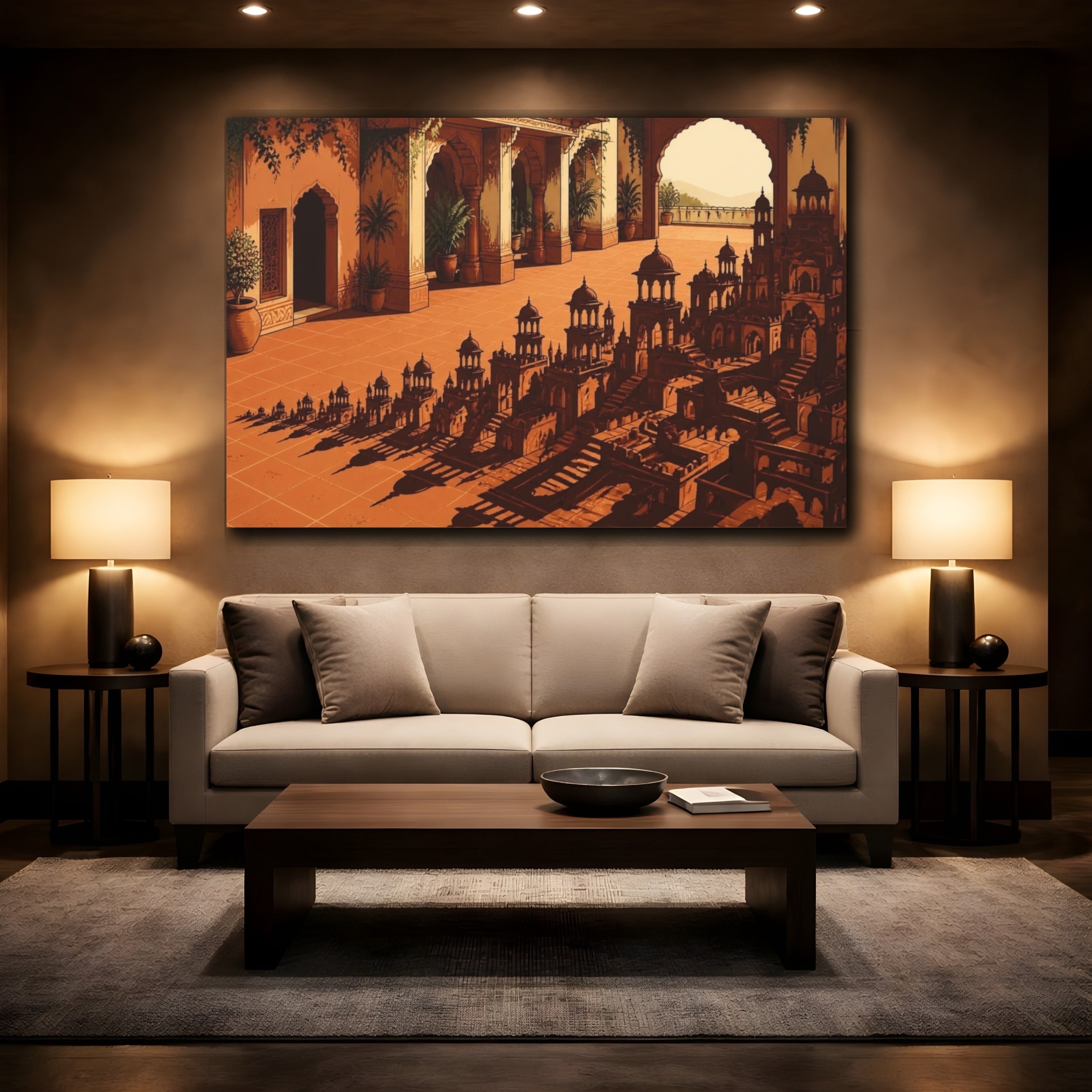 Mockup 2. Terracotta Courtyard Illusion shown as canvas print
