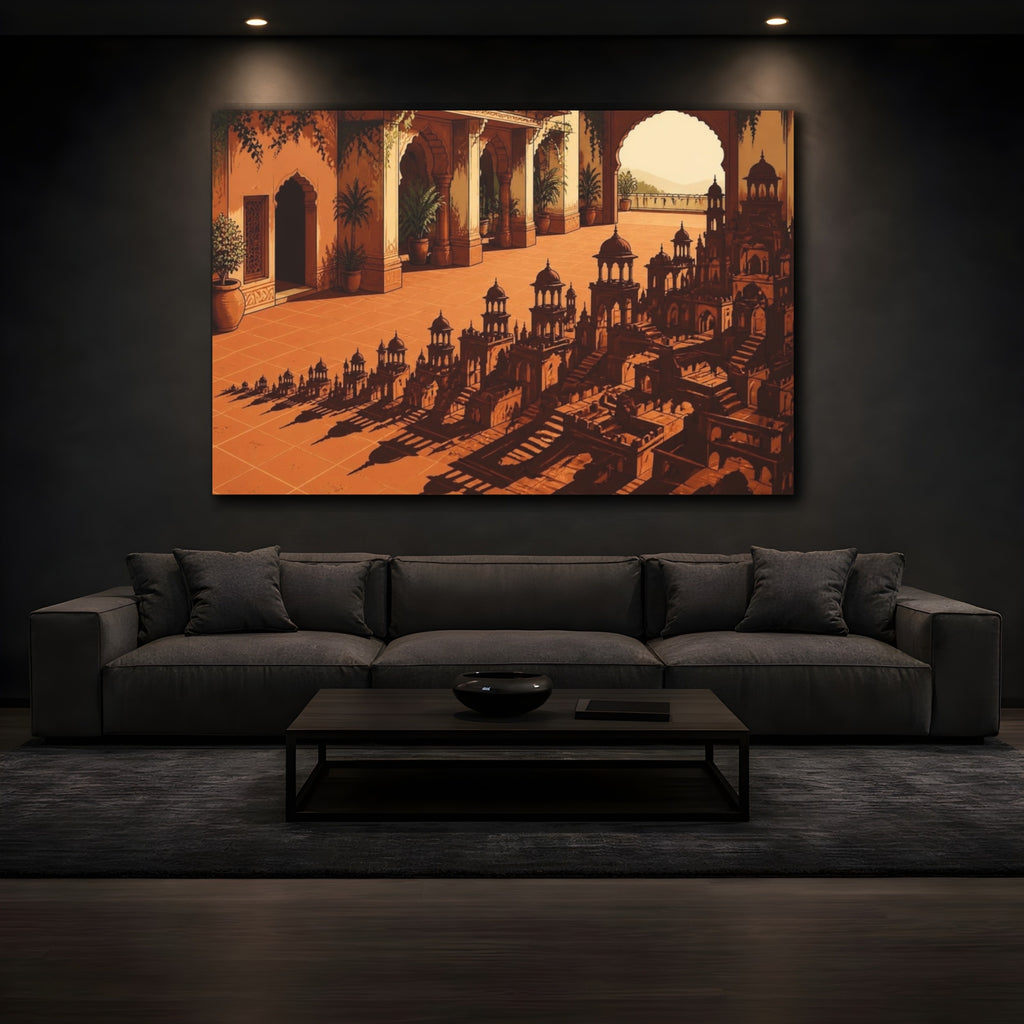 Mockup 3. Terracotta Courtyard Illusion shown as canvas print