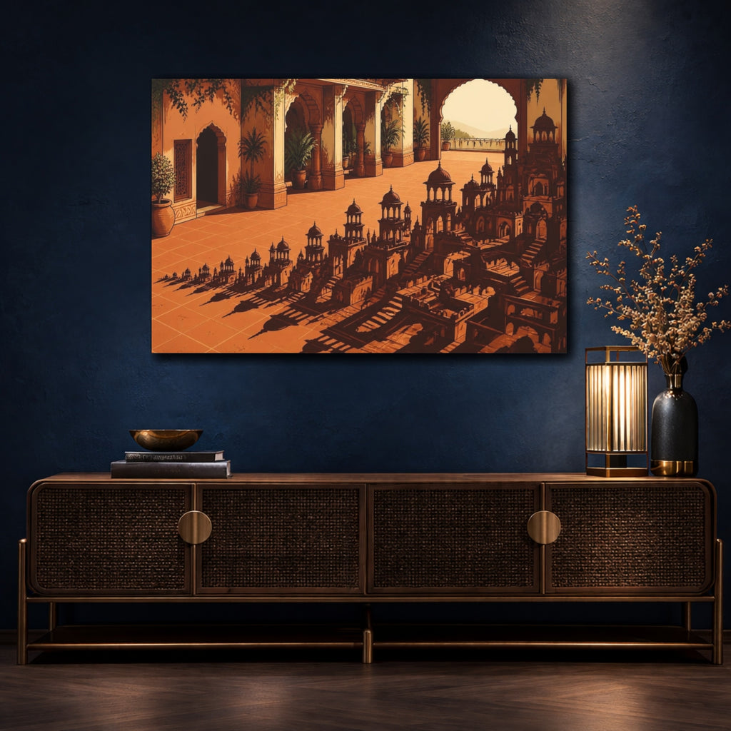 Mockup 4. Terracotta Courtyard Illusion shown as canvas print