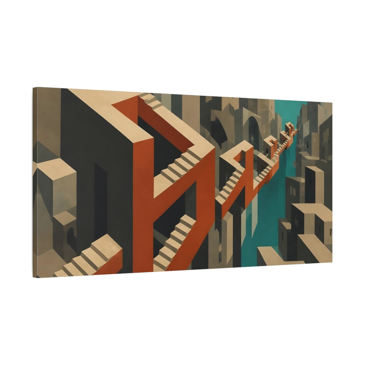 Main Mockup. Terracotta Impossible Staircase shown as canvas print