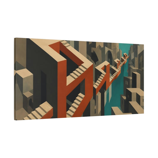 Main Mockup. Terracotta Impossible Staircase shown as canvas print