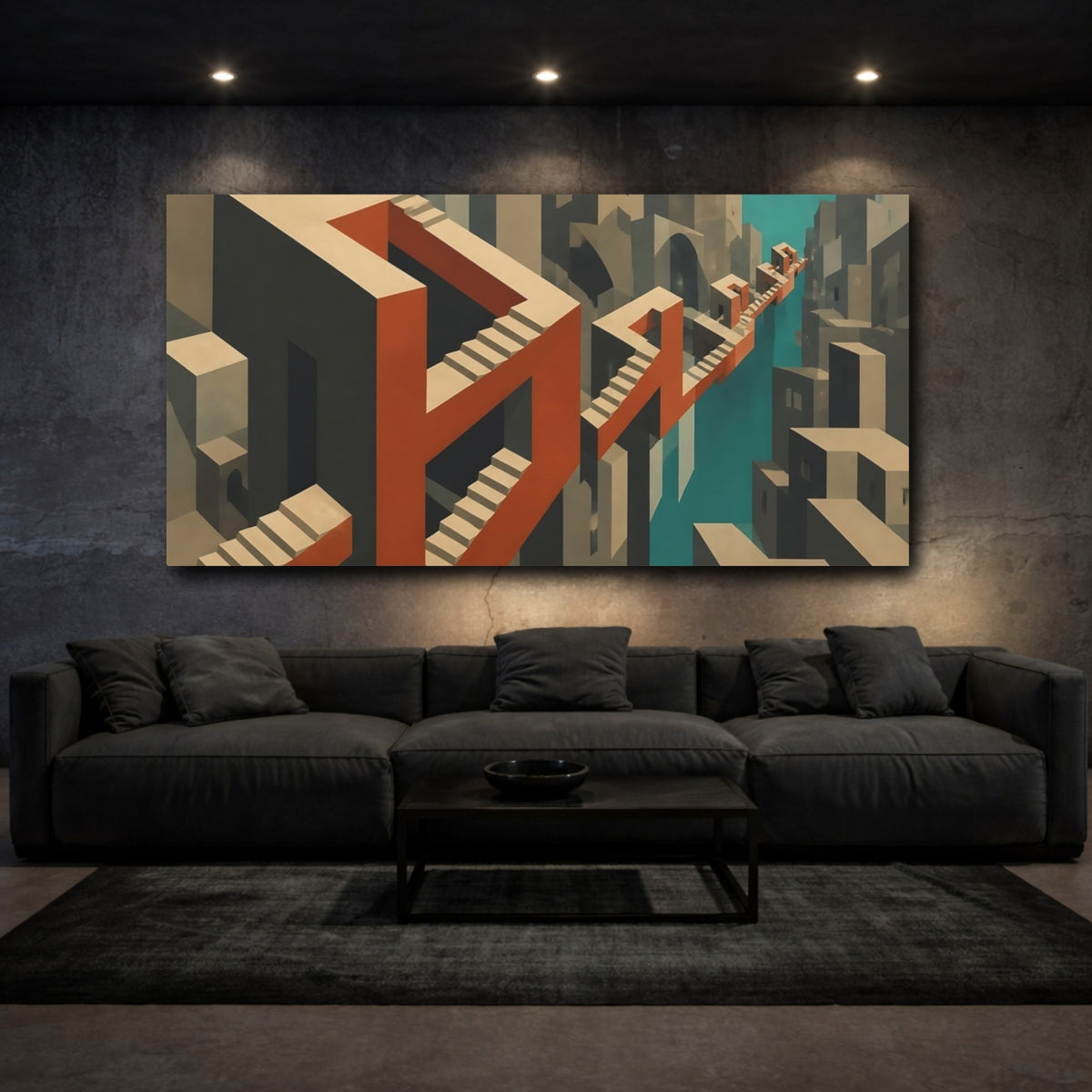 Mockup 3. Terracotta Impossible Staircase shown as canvas print