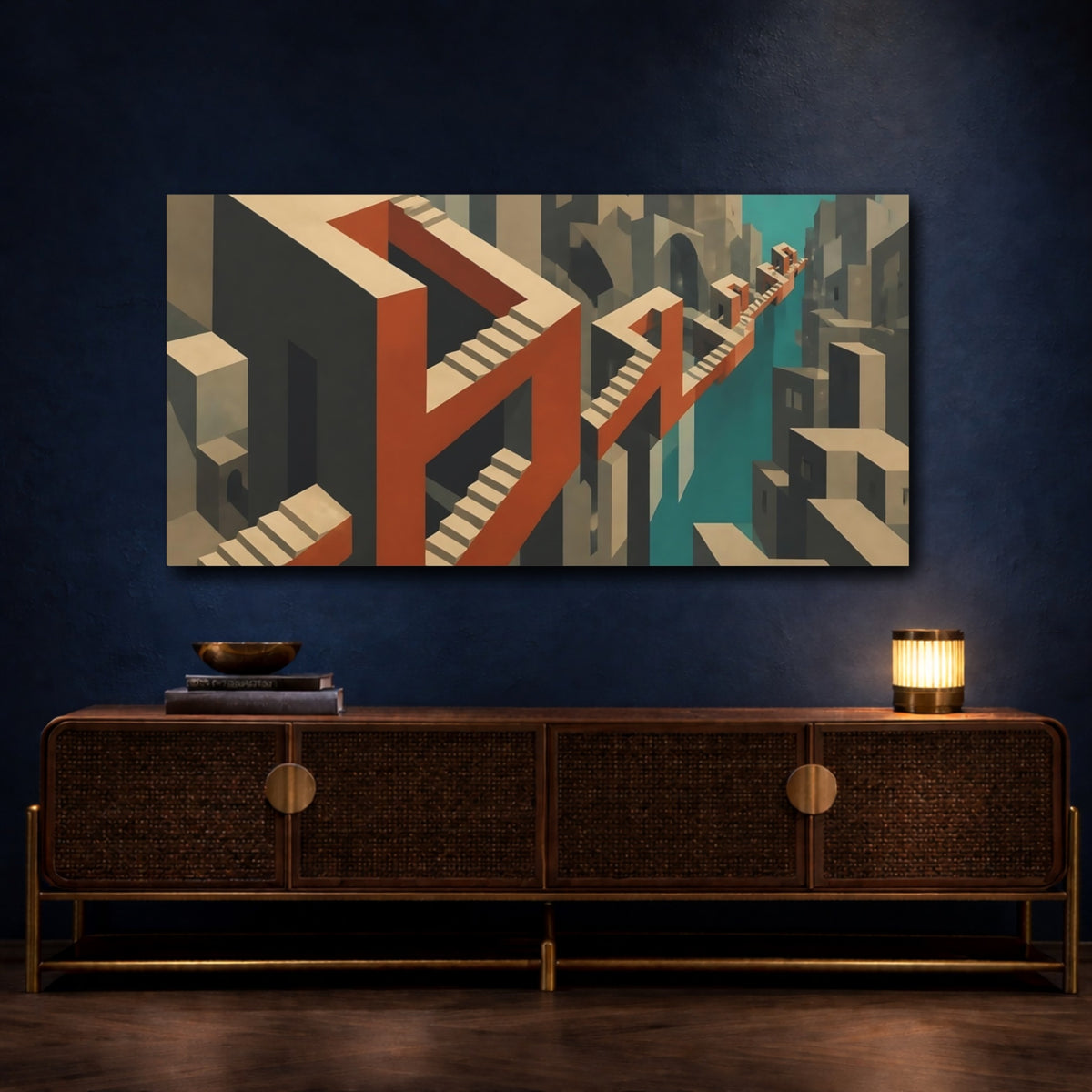Mockup 4. Terracotta Impossible Staircase shown as canvas print
