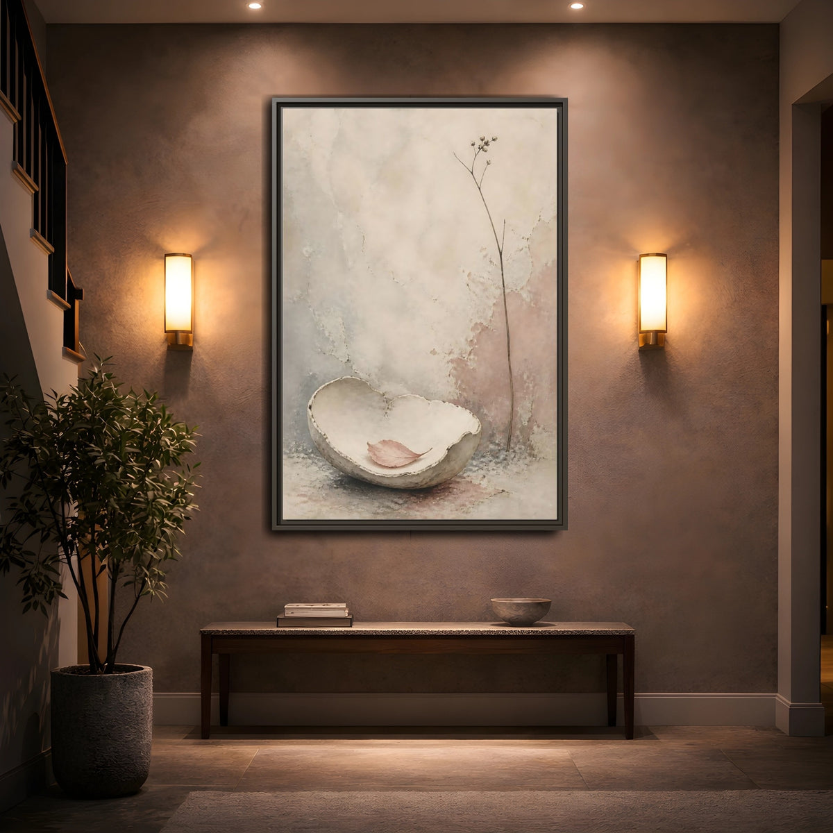 Mockup 2. Textured Bowl And Leaf shown as framed canvas print