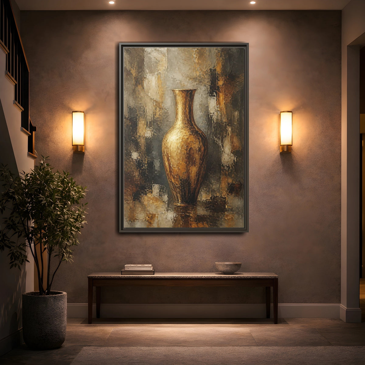 Mockup 2. Textured Gold Vase shown as framed canvas print