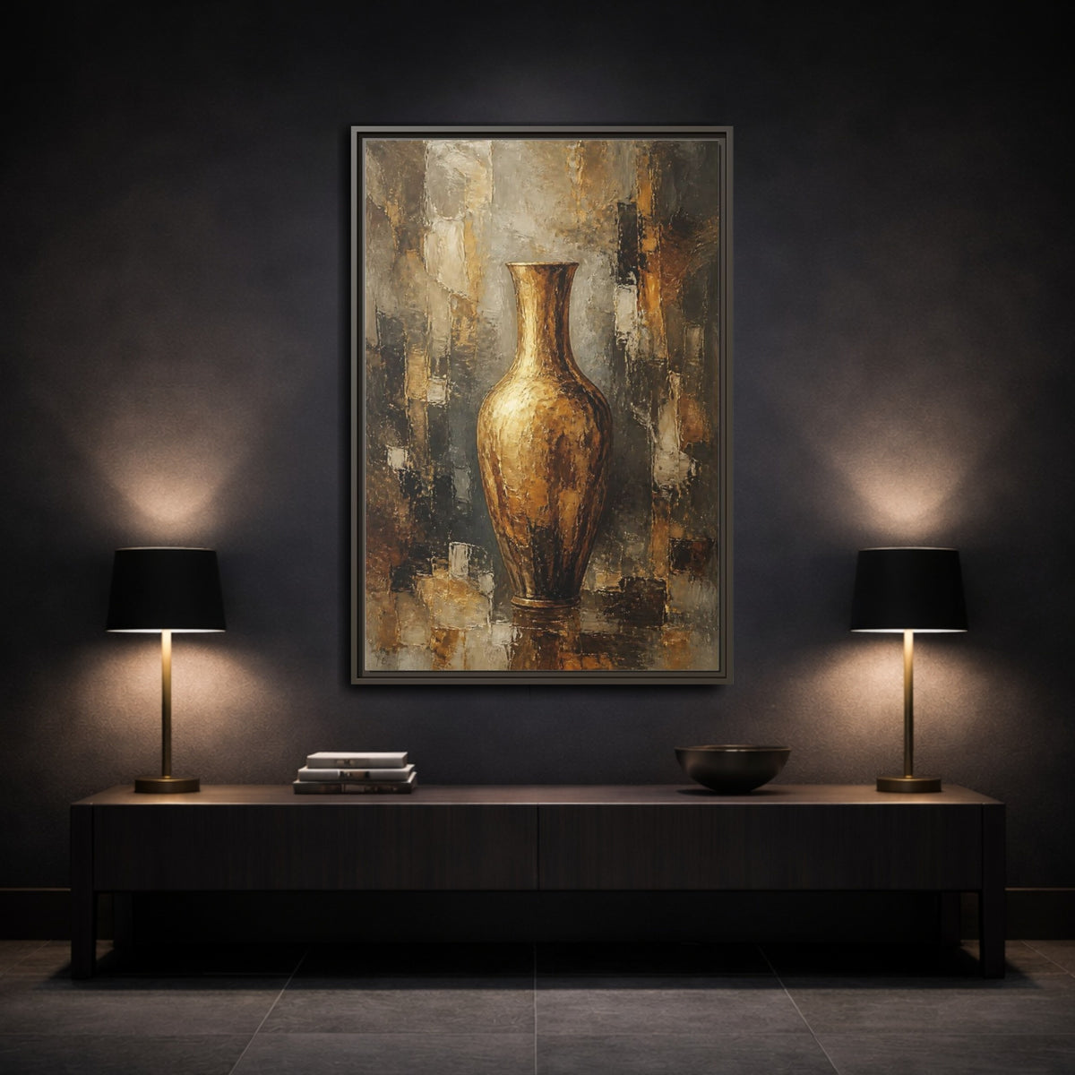 Mockup 3. Textured Gold Vase shown as framed canvas print