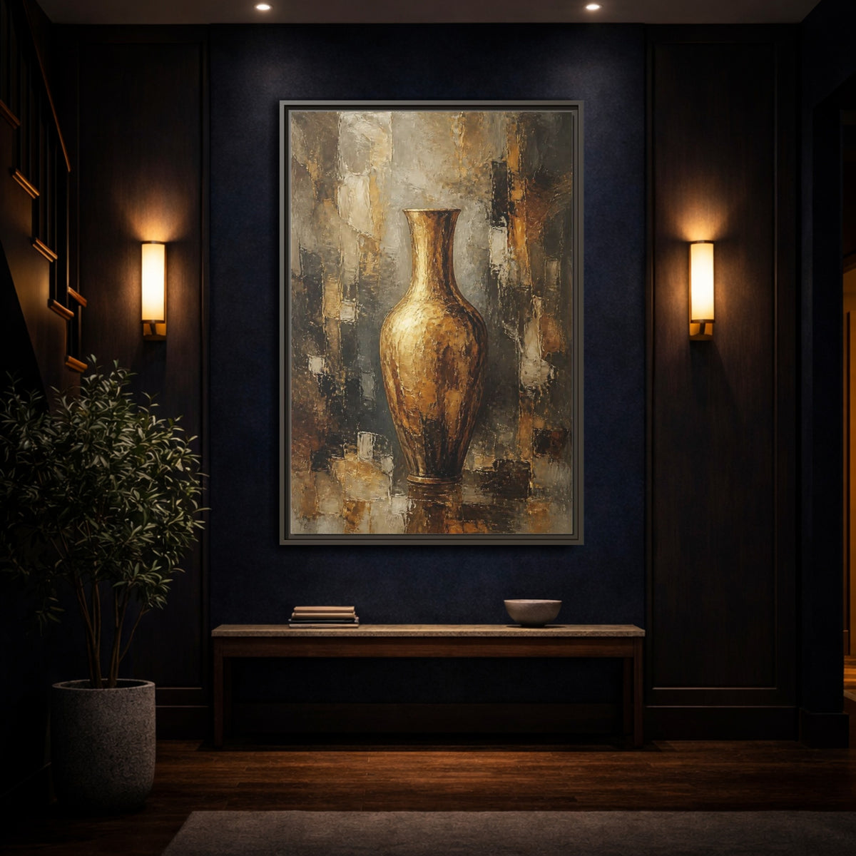 Mockup 4. Textured Gold Vase shown as framed canvas print