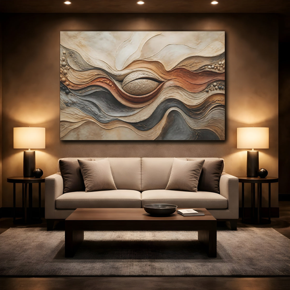 Mockup 2. Textured Waves Relief shown as canvas print