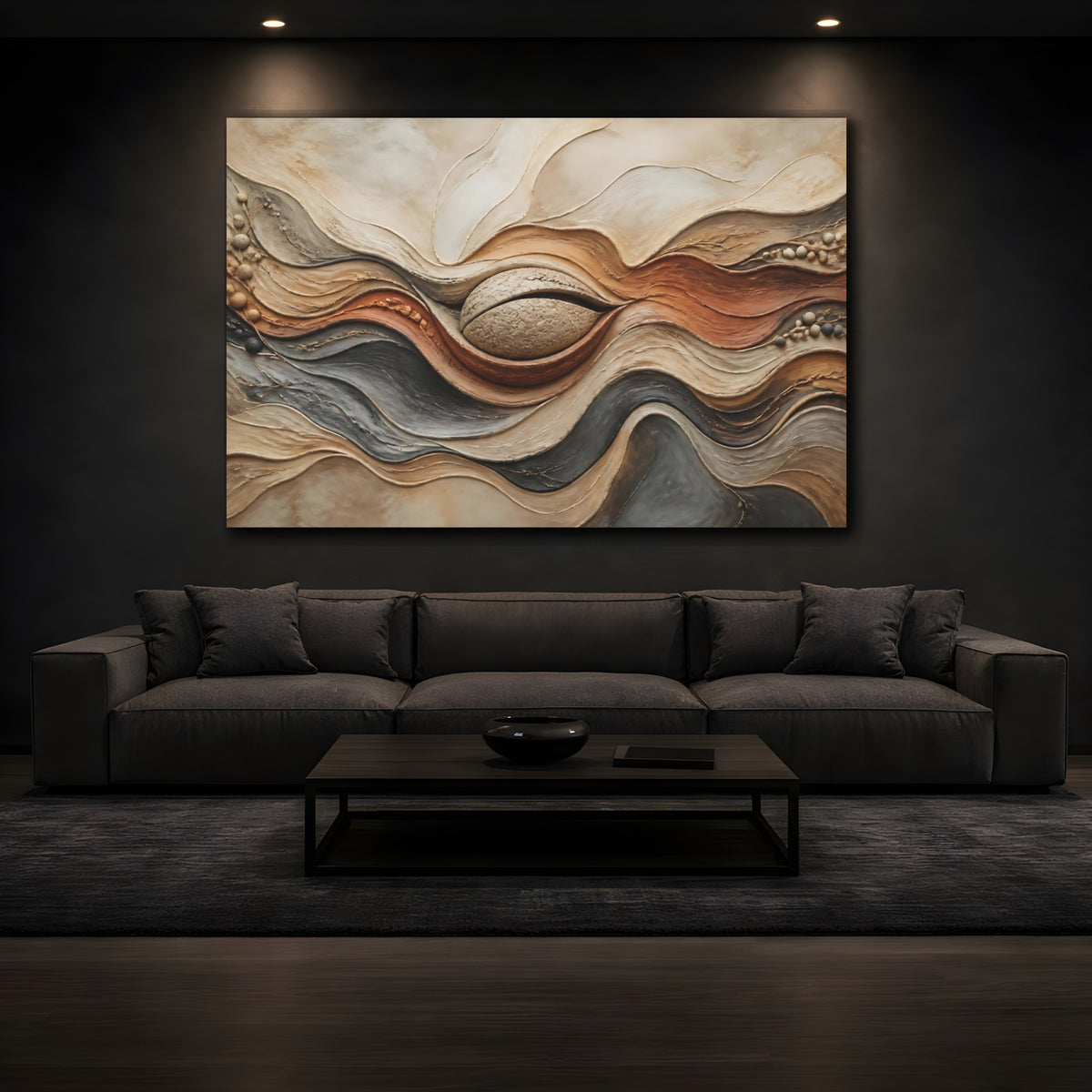 Mockup 3. Textured Waves Relief shown as canvas print
