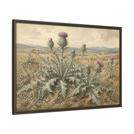 Main Mockup. Thistle In Summer Field shown as framed canvas print